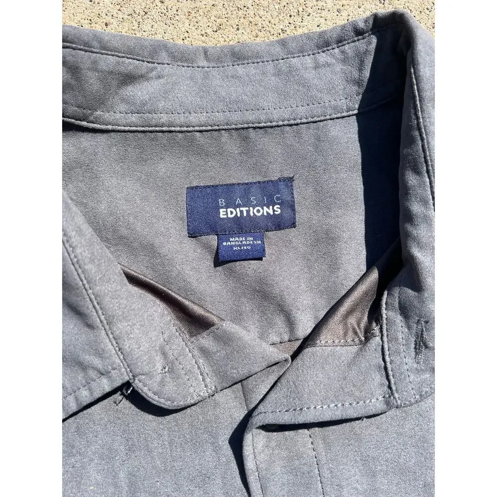 Basic Editions Gray Faux‎ Suede Shirt Men XL Long Sleeve Minimalist Quiet Luxury - Picture 3 of 4